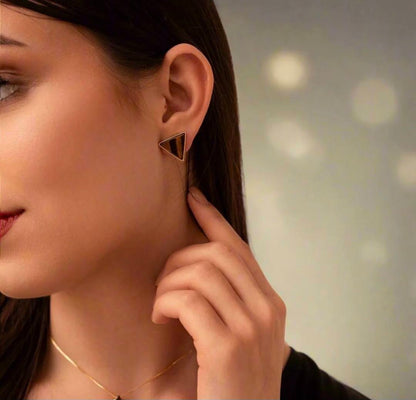 Drop Style 18K Gold Plated Earrings w/ Triangle Shaped Gemstones, Tigereye