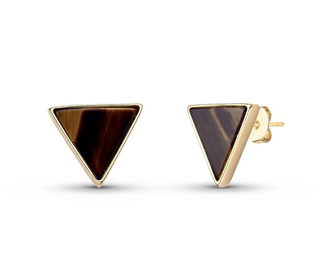 Drop Style 18K Gold Plated Earrings w/ Triangle Shaped Gemstones, Tigereye