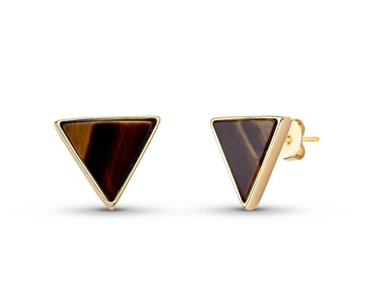 Drop Style 18K Gold Plated Earrings w/ Triangle Shaped Gemstones, Tigereye