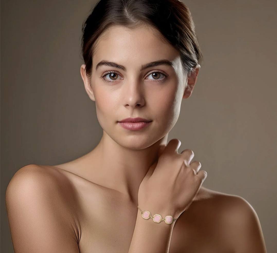 Brazil GEM 2025 / Friendship 18K Gold Plated Bracelet w/ Natural Gemstones, Rose Quartz