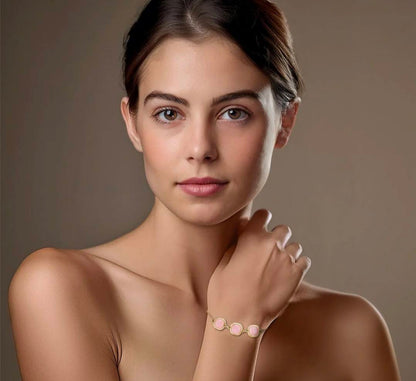 Brazil GEM 2025 / Friendship 18K Gold Plated Bracelet w/ Natural Gemstones, Rose Quartz