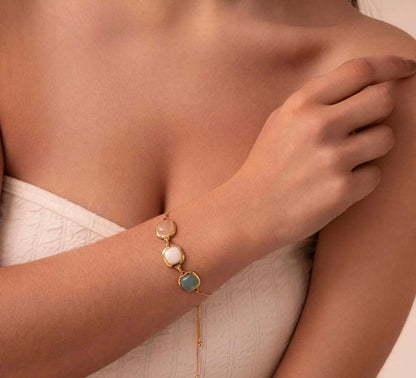 Brazil GEM 2025 / Friendship 18K Gold Plated Bracelet w/ Natural Gemstones, Rose Quartz + Mother of Pearl + Sky Blue Agate
