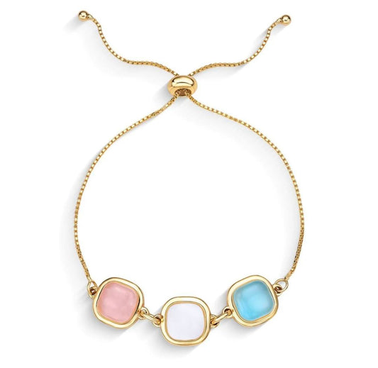 Brazil GEM 2025 / Friendship 18K Gold Plated Bracelet w/ Natural Gemstones, Rose Quartz + Mother of Pearl + Sky Blue Agate