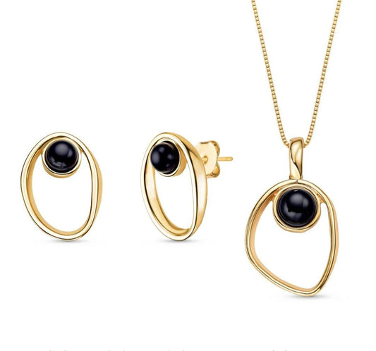 2025 Brazil Gem Elliptical 18K Gold Plated Necklace & Earring Set w/ Round Natural Black AGATE Gemstones