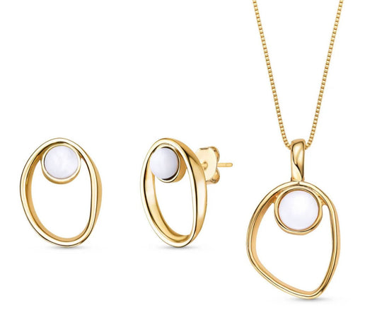 2025 Brazil Gem Elliptical 18K Gold Plated Necklace & Earring Set w/ Round Natural White AGATE Gemstones