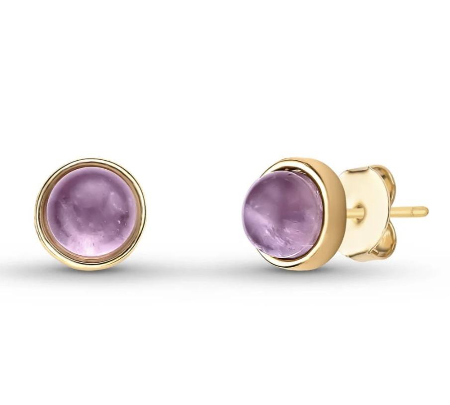 Round Amethyst Gemstone 18K Gold Plated Stud Earrings