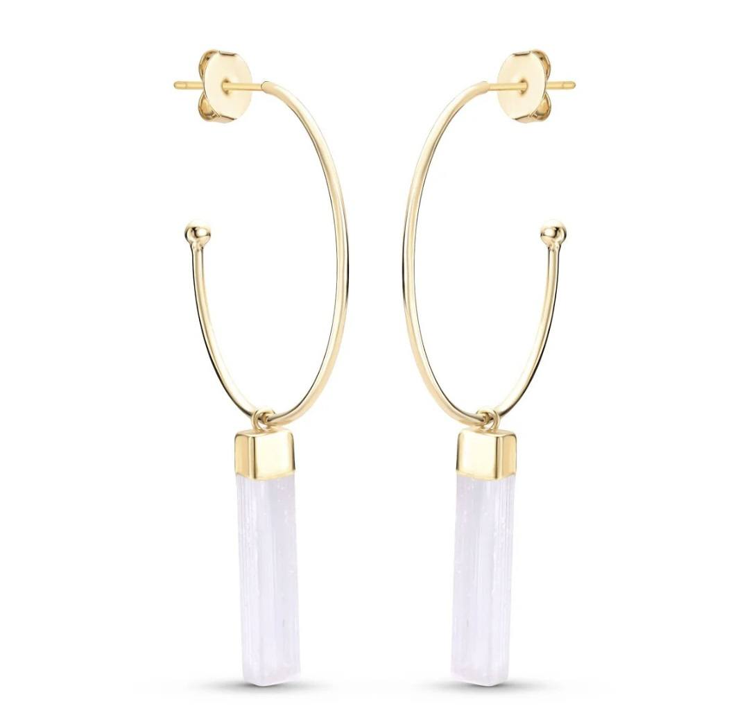 New 2025 Brazil Gem Selenite Hoop & Dangle Øredobber, 18K/Gold Electroplated