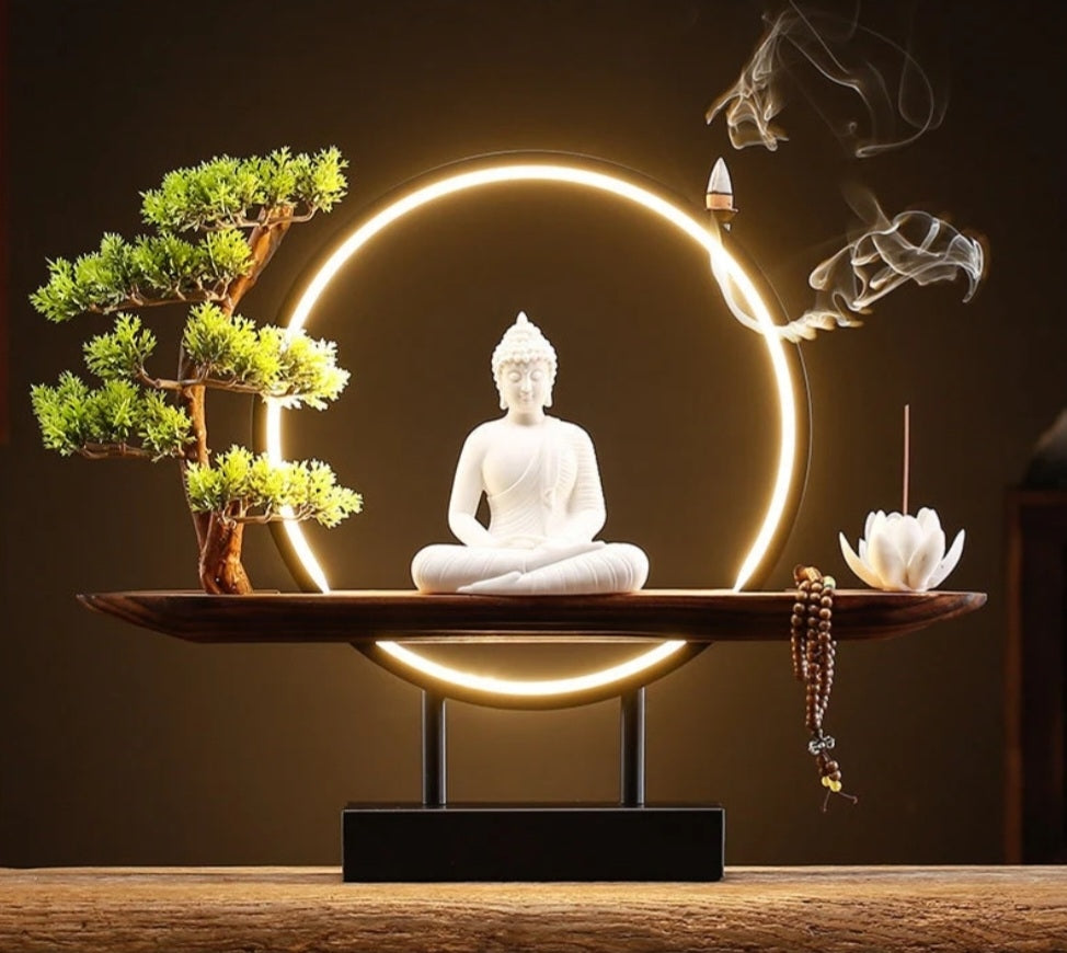 Porcelain Buddha Statue Decorative Set with LED light & Lotus Incense Holder, 48x39x10cm