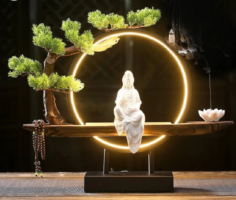 Porcelain Guan Yin Statue Decorative Set w/ LED light | Buddha Statue | Home Decoration | Incense Burner, 48 x 42 x10cm