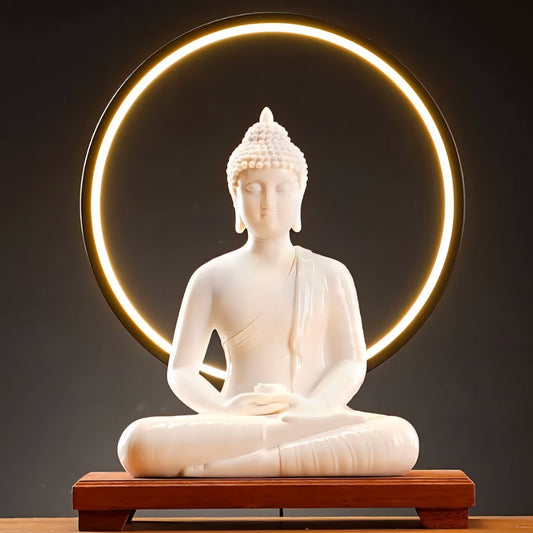 Porcelain Gautama Buddha Statue Decorative Set with LED light Circle | 40cmx31x19cm