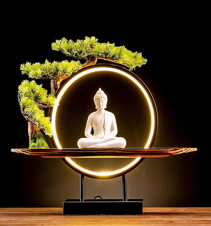 Porcelain Buddha Statue Decorative Set with LED light Circle, 41x46x10cm