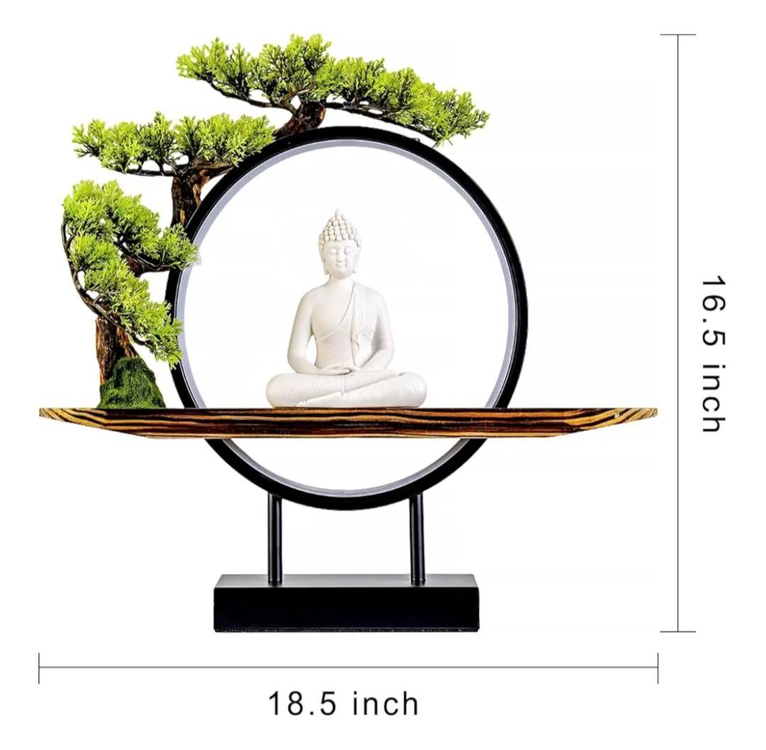 Porcelain Buddha Statue Decorative Set with LED light Circle, 41x46x10cm