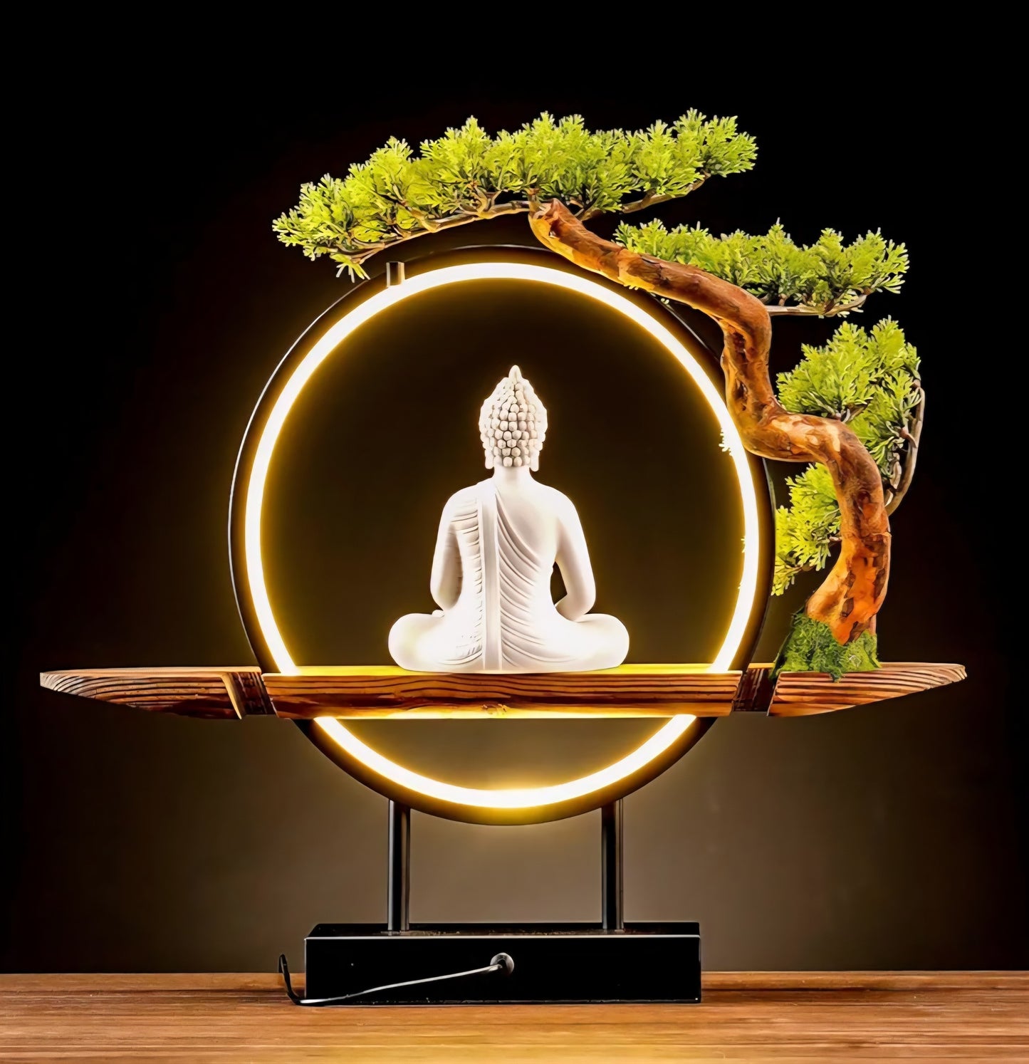 Porcelain Buddha Statue Decorative Set with LED light Circle, 41x46x10cm