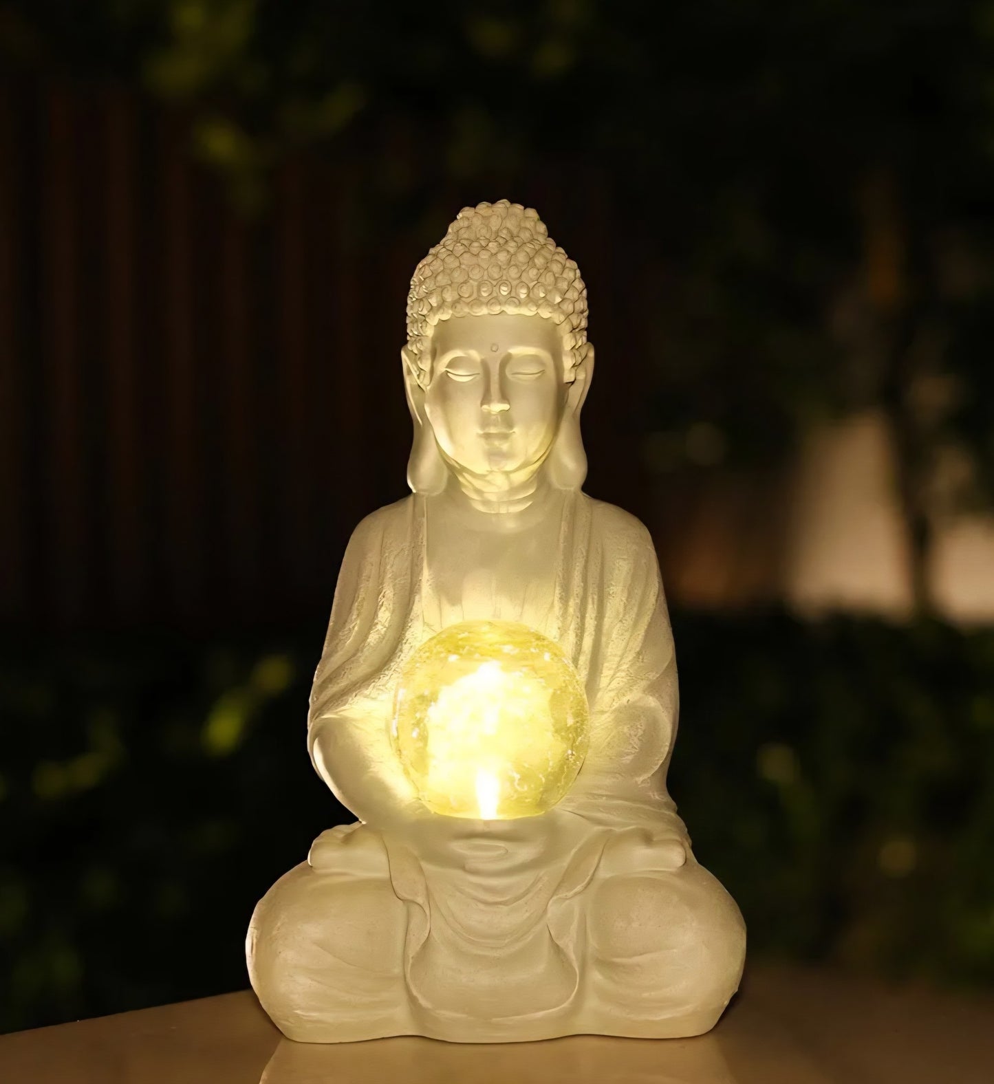 Handmade Meditation Buddha Statue with Cracked Glass Ball Lighting | Outdoor / Indoor Display Ornament Decoration | Solar Energy - 30x15x19cm - Lightweight RESIN ca. 2kg