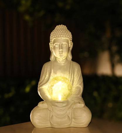 Handmade Meditation Buddha Statue with Cracked Glass Ball Lighting | Outdoor / Indoor Display Ornament Decoration | Solar Energy - 30x15x19cm - Lightweight RESIN ca. 2kg