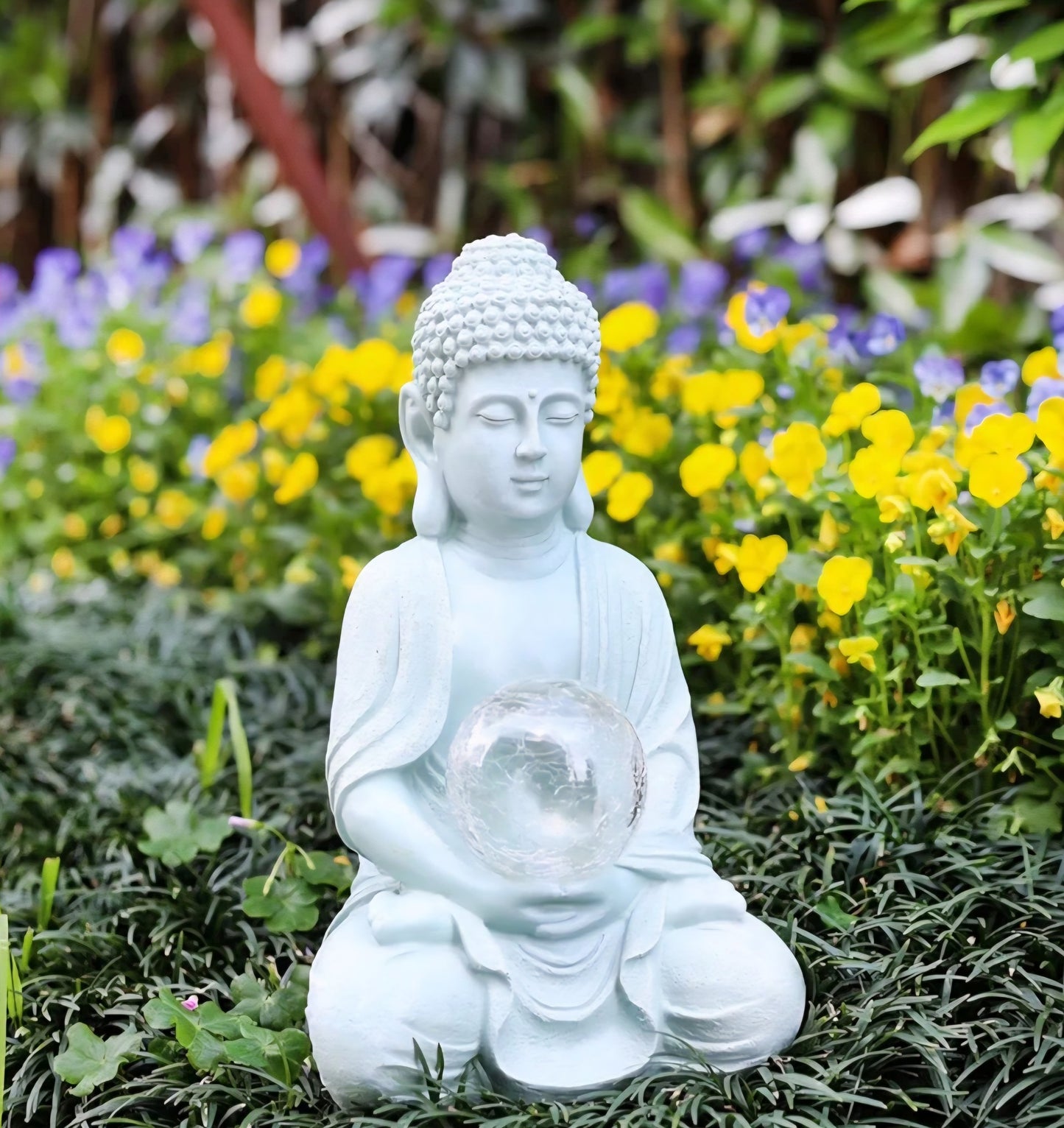 Handmade Meditation Buddha Statue with Cracked Glass Ball Lighting | Outdoor / Indoor Display Ornament Decoration | Solar Energy - 30x15x19cm - Lightweight RESIN ca. 2kg
