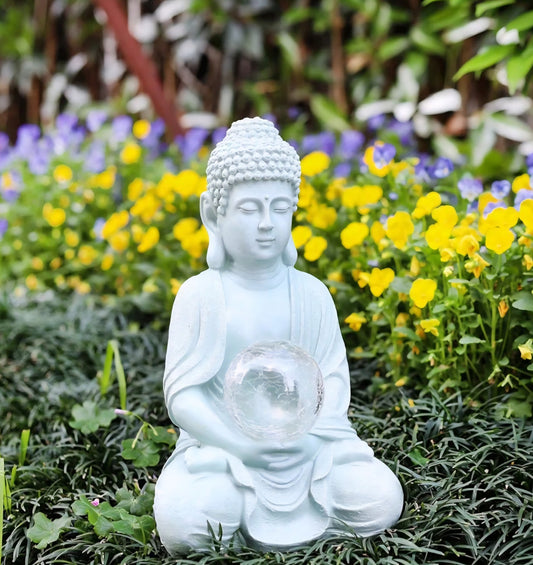 Handmade Meditation Buddha Statue with Cracked Glass Ball Lighting | Outdoor / Indoor Display Ornament Decoration | Solar Energy - 30x15x19cm - Lightweight RESIN ca. 2kg
