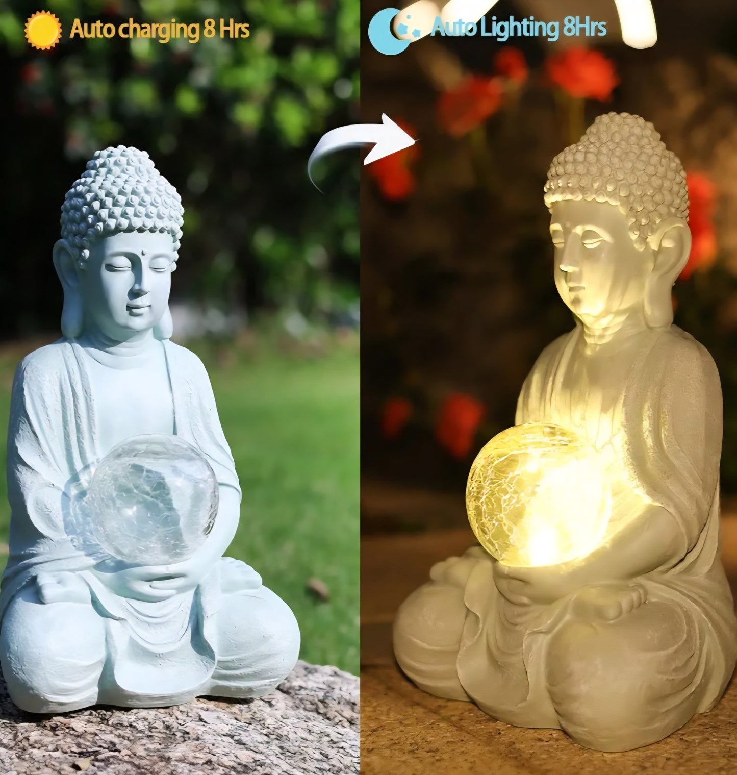 Handmade Meditation Buddha Statue with Cracked Glass Ball Lighting | Outdoor / Indoor Display Ornament Decoration | Solar Energy - 30x15x19cm - Lightweight RESIN ca. 2kg