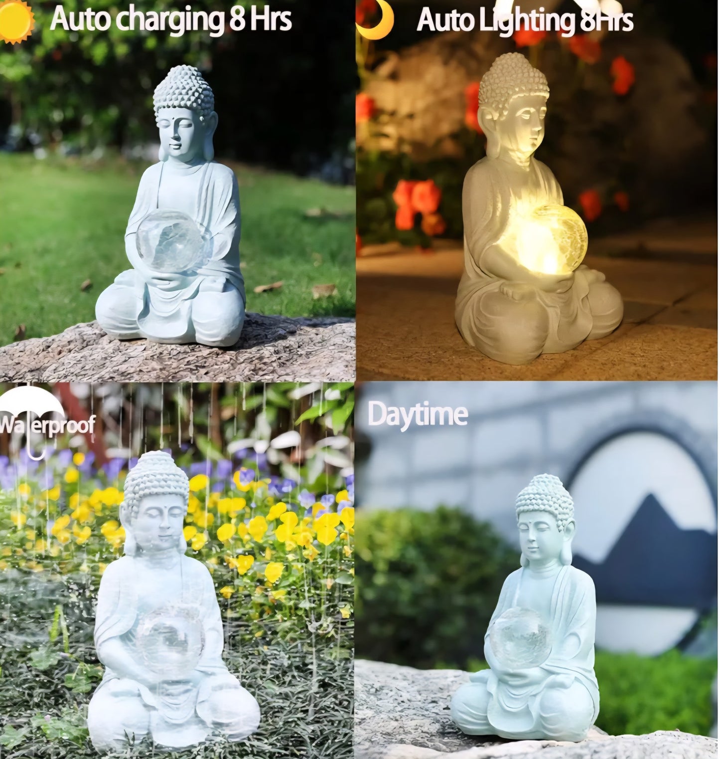 Handmade Meditation Buddha Statue with Cracked Glass Ball Lighting | Outdoor / Indoor Display Ornament Decoration | Solar Energy - 30x15x19cm - Lightweight RESIN ca. 2kg
