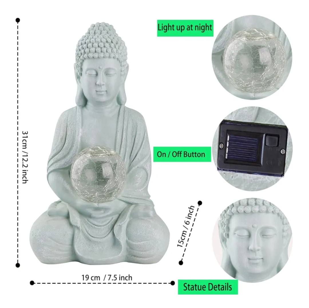 Handmade Meditation Buddha Statue with Cracked Glass Ball Lighting | Outdoor / Indoor Display Ornament Decoration | Solar Energy - 30x15x19cm - Lightweight RESIN ca. 2kg