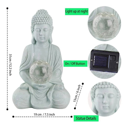 Handmade Meditation Buddha Statue with Cracked Glass Ball Lighting | Outdoor / Indoor Display Ornament Decoration | Solar Energy - 30x15x19cm - Lightweight RESIN ca. 2kg