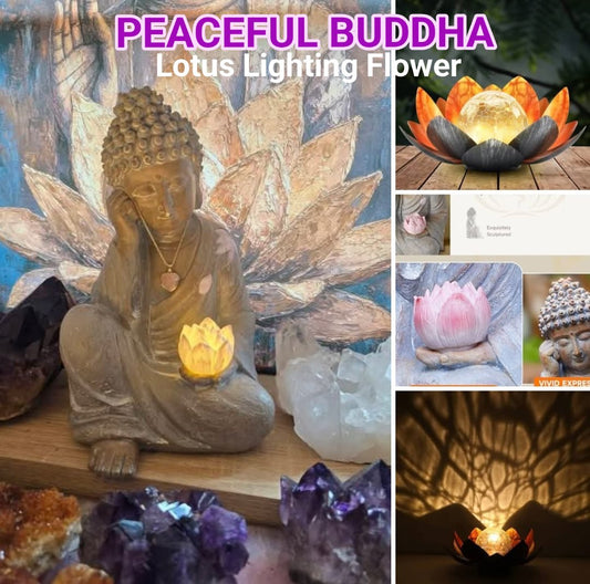 HØSTENS HOME DECOR PAKKE - SUPERDEAL / BUDDHA STATUE w/Lotus Flower Light + Extra Free Bonus Lotus Flower + Lotus Diffuserpakke m/Oljer