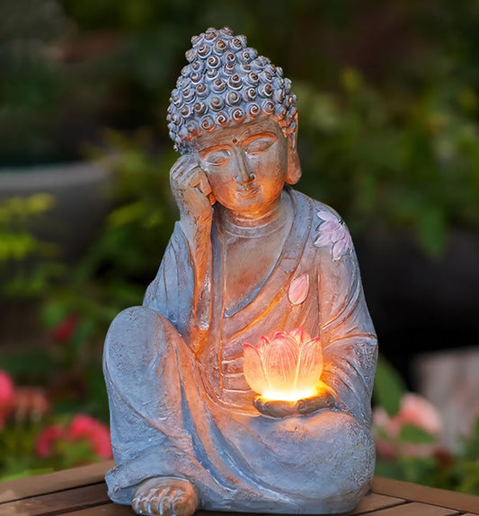 Handmade & handpainted Resting Buddha Statue with Lotus Decoration Ornament - Outdoor Garden - Solar Energy , ca. 30x17cm - 1.5kg