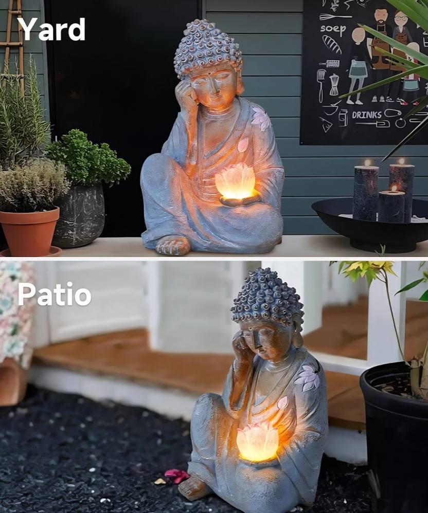 Handmade & handpainted Resting Buddha Statue with Lotus Decoration Ornament - Outdoor Garden - Solar Energy , ca. 30x17cm - 1.5kg