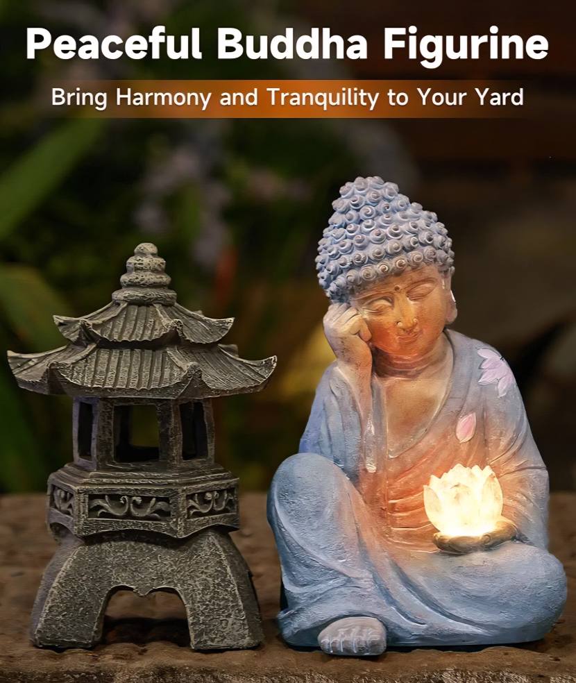 Handmade & handpainted Resting Buddha Statue with Lotus Decoration Ornament - Outdoor Garden - Solar Energy , ca. 30x17cm - 1.5kg