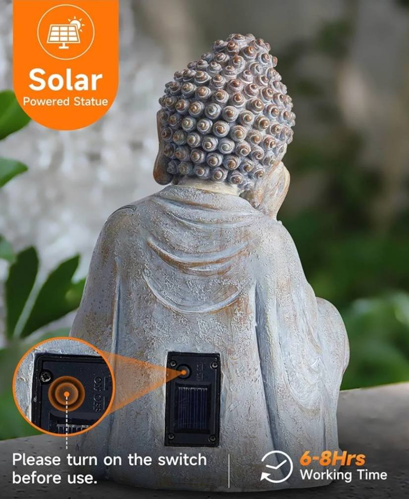 Handmade & handpainted Resting Buddha Statue with Lotus Decoration Ornament - Outdoor Garden - Solar Energy , ca. 30x17cm - 1.5kg