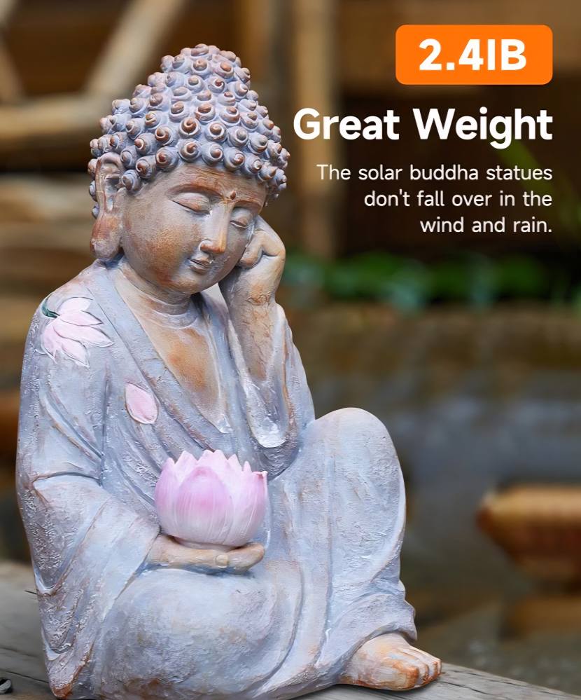 Handmade & handpainted Resting Buddha Statue with Lotus Decoration Ornament - Outdoor Garden - Solar Energy , ca. 30x17cm - 1.5kg