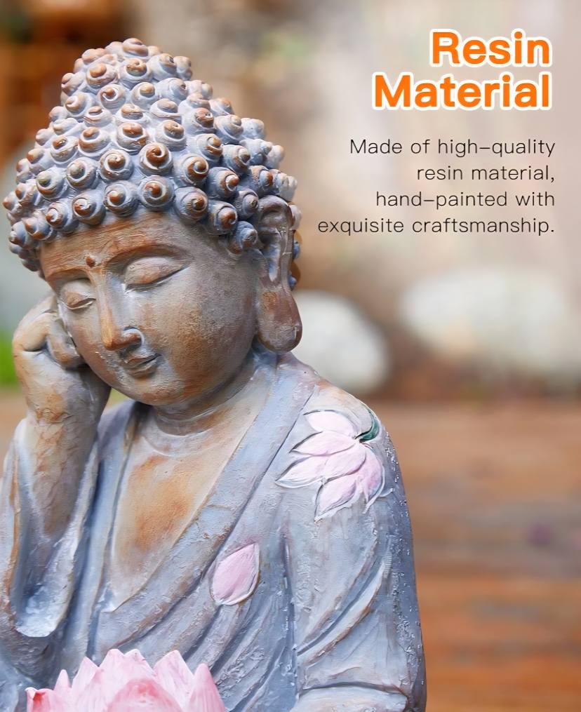Handmade & handpainted Resting Buddha Statue with Lotus Decoration Ornament - Outdoor Garden - Solar Energy , ca. 30x17cm - 1.5kg