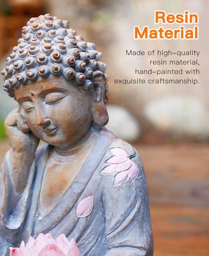 Handmade & handpainted Resting Buddha Statue with Lotus Decoration Ornament - Outdoor Garden - Solar Energy , ca. 30x17cm - 1.5kg