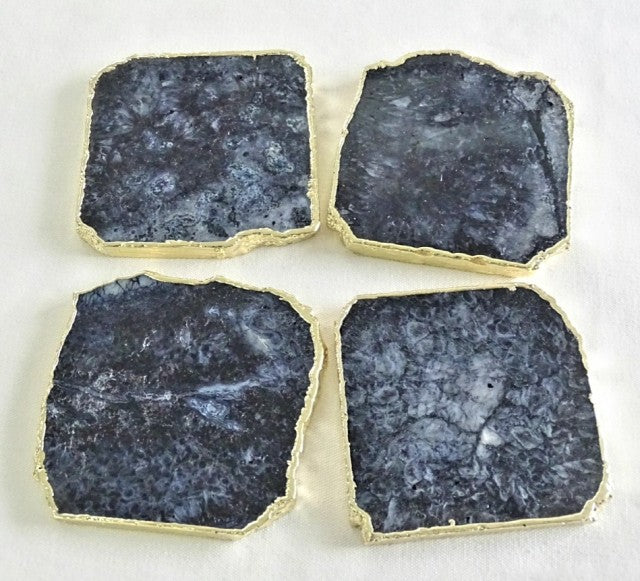 Nye, vakre Sort Agat Coastere m/Gold Electroplated tykk 10mm kant.