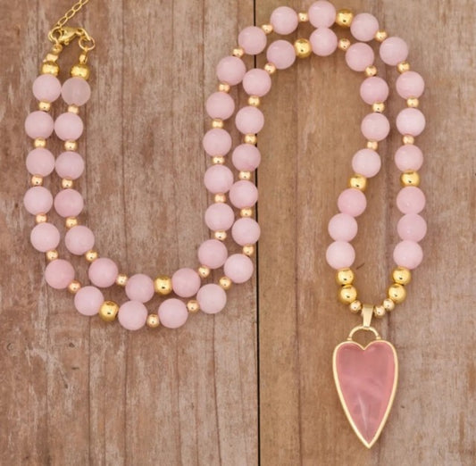 NYE FASHION CRYSTAL ROSE QUARTZ KJEDER m/ LONG HEART ANHENG