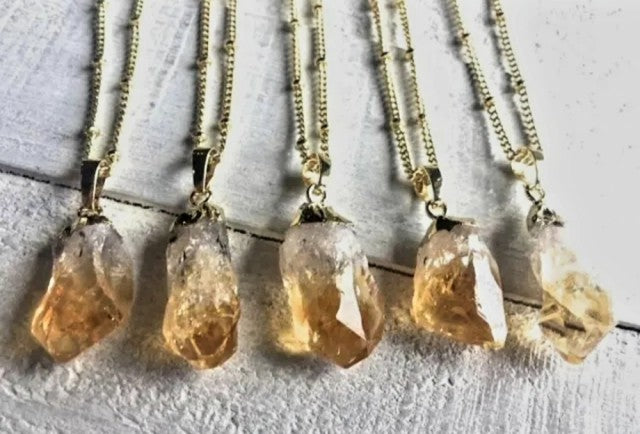Citrine RÅkvarts Point anheng m/kjede, Gold Electroplated