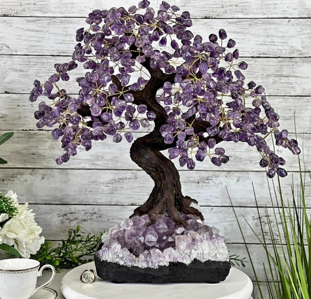 Vakre og eksklusive Feng Shui - Bonsai Lykketrær m/ ekte Ametyst krystaller og Ametyst Clusterfot, ca. 62cm høy, 22kg