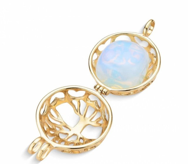 New Brazil Gem Design 2025 / Tree of Life Spherical Locket w/ 7 Interchangeable Gemstones 18K Gold Plated Necklace