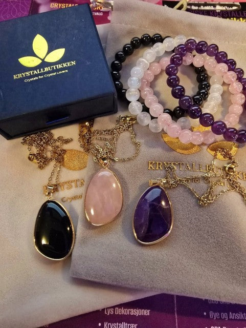 Valentine Gift 17 / Duo Large Tear Drop Anheng m/Necklace ( Ametyst , Rose Quartz ) + 2 fleksible Bracelets