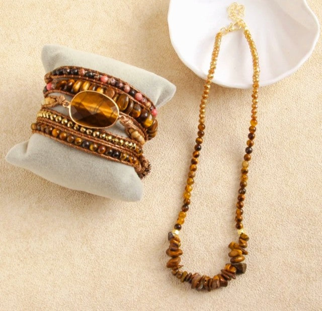 Nye 2025 Bohemian Tigerøye Design Smykkesett, Single Row Kjede og BoHo Wrap armbÅnd