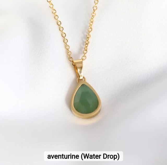 NEW MICCI JEWELRY NATURAL STONE NECKLACES, 45cm , Gold Elecrtroplated, Green Aventurine Quartz 16mm Tear Drop