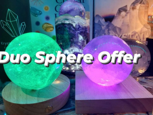 Duo Lsrge Sphere Pack 1.6kg (Green Fluorite Quartz + Clear Quartz ) inkl. trebase med ledlys og remote control