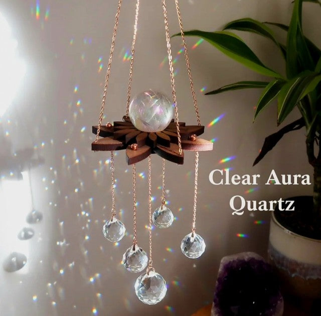 New 2024 Lotus Rainbow Crystal Suncatcher w/ Aura Clear Quartz 21mm Sphere