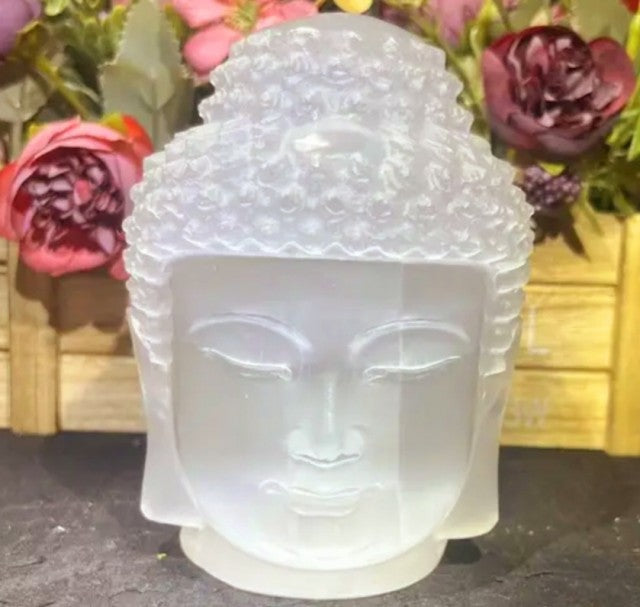 XLARGE SELENITE BUDDHA HEAD - 15cm - 2.5kg inkl. led lysbase