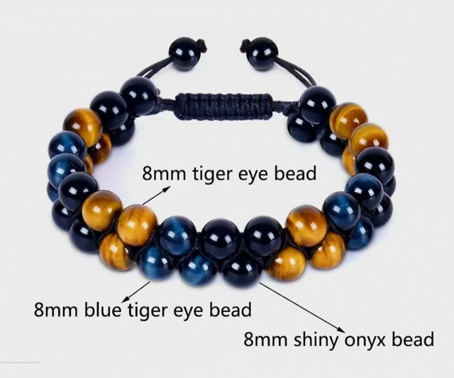 Nye Chambhala BlÅ & Gyllen Tigerøye, Sort Onyx ArmbÅnd , justerbare