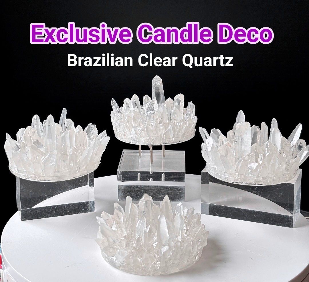Exclusive, handmade Brazilian Clear Quartz Point Candle Holder - Natural Crystal Specimen, Handmade with Glass Base, ca. 12cm - 700gram