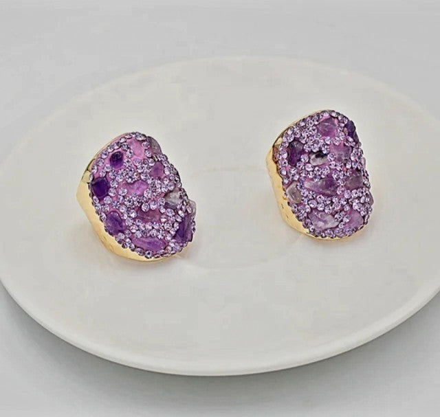 Nye og unik Amethyst Quartz Ring m/ Rhinestone Decor , Gold elctroplated