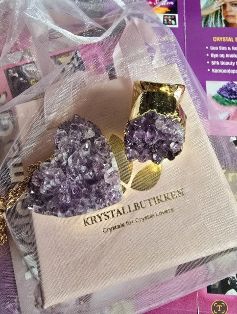 Valentine Gift 12 / Duo Necklace Pack - Stort 35mm Ametyst Heart Necklace, Druzy Ametyst Cluster Ring + Free Bracelet