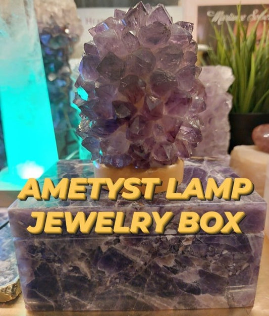 Kampanje / DUO PACK / Raw Ametyst BUD Ledllamp + Dekorativ Ametyst Quartz JEWELRY BOX ( Smykkeboks) 15x10cm