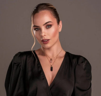 New 2025 Brazil Gem , Natural Black Turmaline & Clear Quartz Necklace, 18K/Gold Electroplated